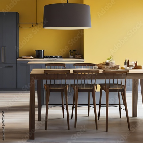 This kitchen is warm and inviting, with soft yellow walls and a wooden table3, Generative AI photo