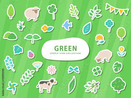 緑のシンプルなイラストアイコンセット / シール / 葉、花、新緑、自然、植物、初夏、動物