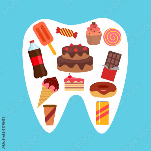 Food for unhealthy tooth in flat design. Bad food that damages teeth.