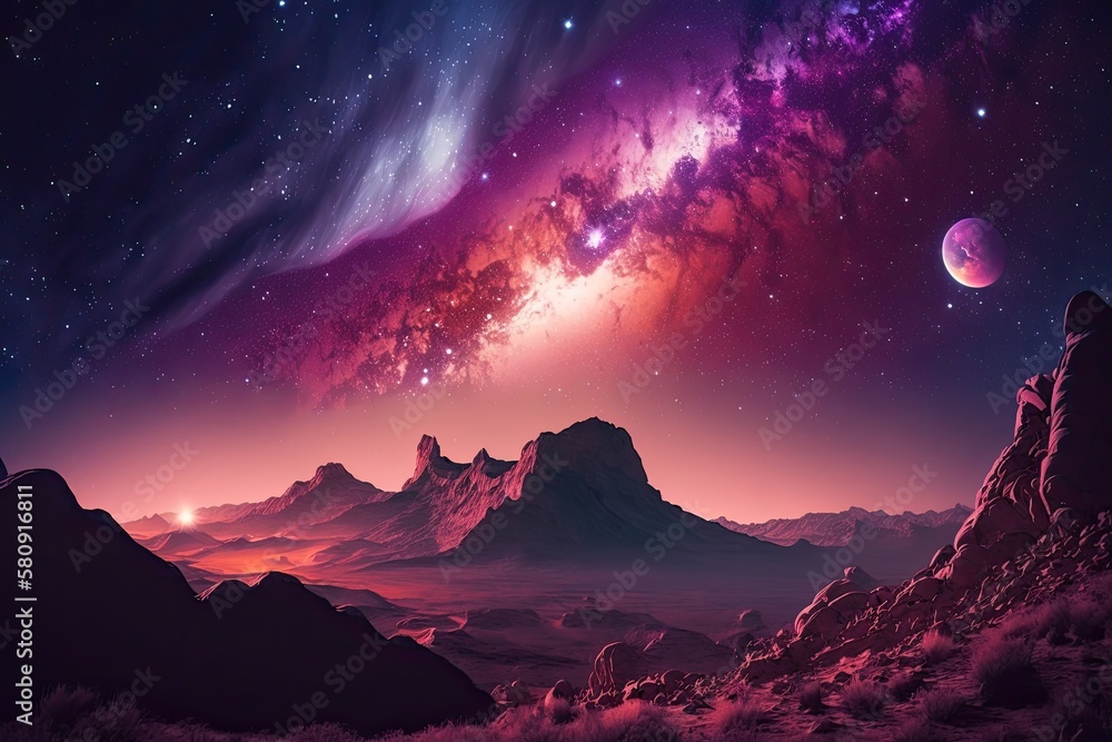 Landscape with purple Milky Way and red city lights. Night sky with stars and hills at summer. Amazing universe. Space background. Beautiful galaxy. Generative AI