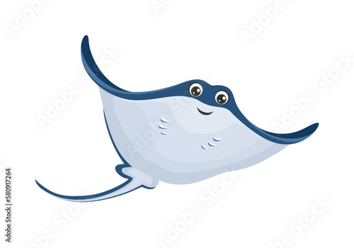 Cute ramp fish isolated on white. Vector flat illustration. Smiling stingray icon. Cartoon sea animal. 