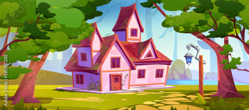 Pink rural house on forest glade near lake. Vector cartoon illustration of country cottage building surrounded by trees, green grass, bushes, blue river, stone footpath, old lantern. Game background