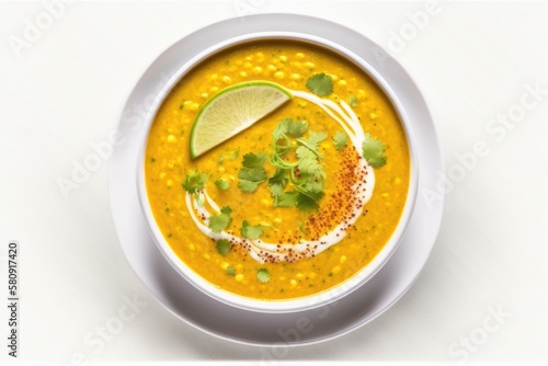 Vegan and vegetarian dish, spicy lentil dahl soup bowl. Indian cuisine, masala hot dal meal isolated on white background. Eastern local cuisine restaurant food top view. Generative AI