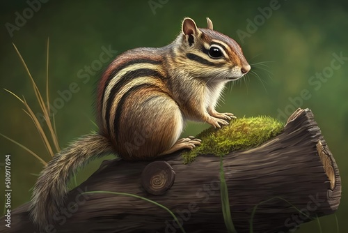 Chipmunk is perched on a dead tree trunk. Eats the brown chipmunk. Grass and leaves are green. genuine daylight. Generative AI © AkuAku