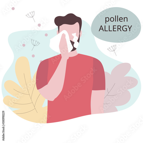 Seasonal allergy. Man with teary eyes. pollen and flowers allergy