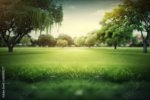 green grass field at close with blurry park backdrop. Generative AI