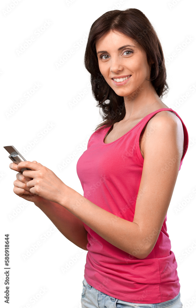 Pretty young woman using mobile isolated on white background Pretty young woman using mobile isolated on white background