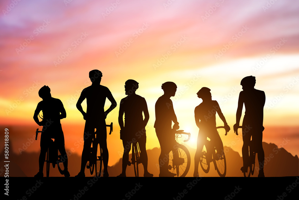 Fototapeta premium silhouette biksilhouette bike on beautiful sunset for friendship concepte on sunset