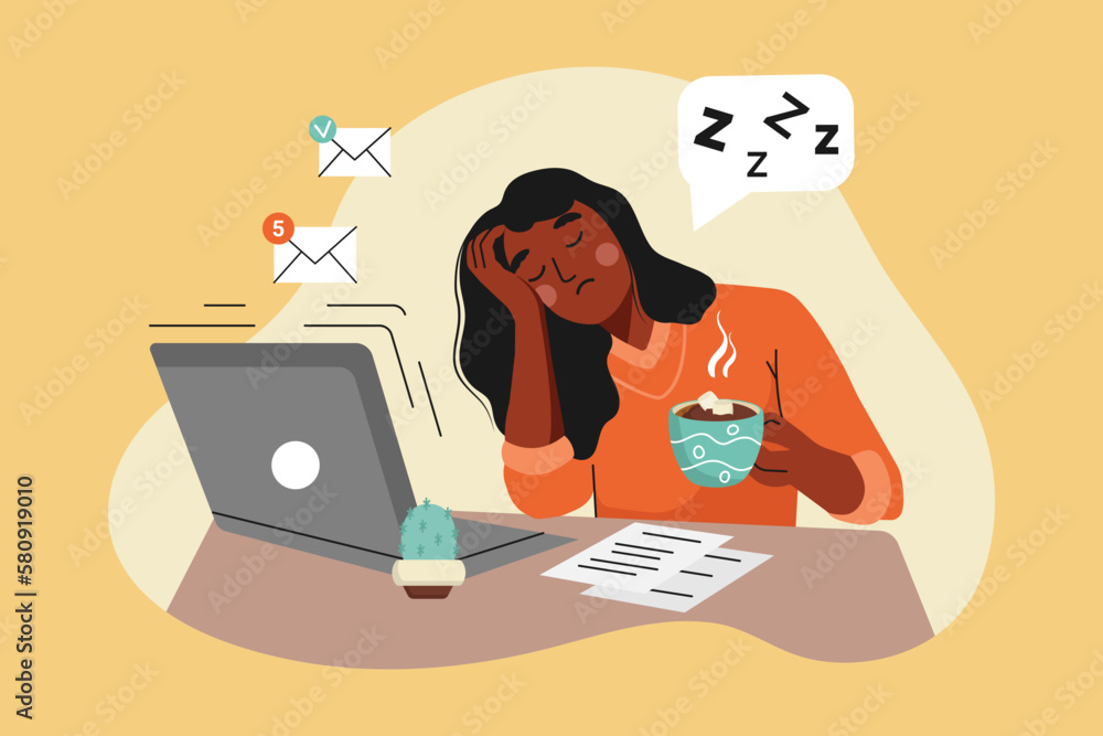 African American Woman is Tired of working on a Laptop. The girl wants to Sleep. She holds a cup of Coffee in her hands and falls Asleep. Vector illustration on the theme of eye health and Fatigue. African American Woman is Tired of working on a Laptop. The girl wants to Sleep. She holds a cup of Coffee in her hands and falls Asleep. Vector illustration on the theme of eye health and Fatigue.