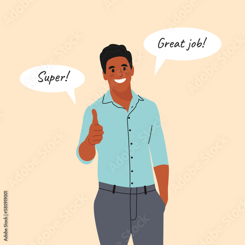Smiling african american man Gesturing in Gratitude. Concept of positive Feedback, Acknowledgement and Gratitude. Flat vector illustration.