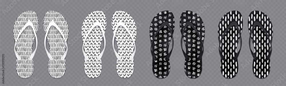 Summer flip flops, sandals for sand beach, pool and seaside. Black and white slippers with abstract hand drawn patterns of paint brush strokes, vector realistic mockup Summer flip flops, sandals for sand beach, pool and seaside. Black and white slippers with abstract hand drawn patterns of paint brush strokes, vector realistic mockup