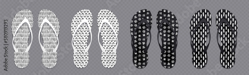 Summer flip flops, sandals for sand beach, pool and seaside. Black and white slippers with abstract hand drawn patterns of paint brush strokes, vector realistic mockup