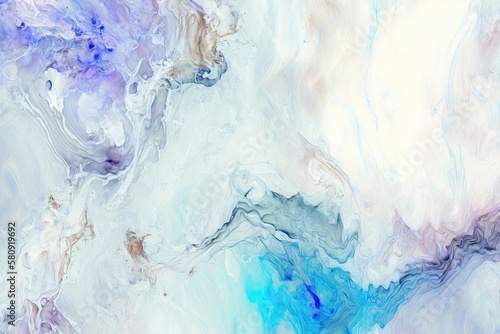 Beautifully colored abstract background created by combining paint and water. Abstraction in pastel colors. Background is white and blue. Generative AI