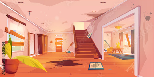 Abandoned cartoon house hallway and messy living room with broken furniture and cobweb. Vector illustration of empty spooky home with dirty walls, cracks in floor and ceiling, boarded door and windows