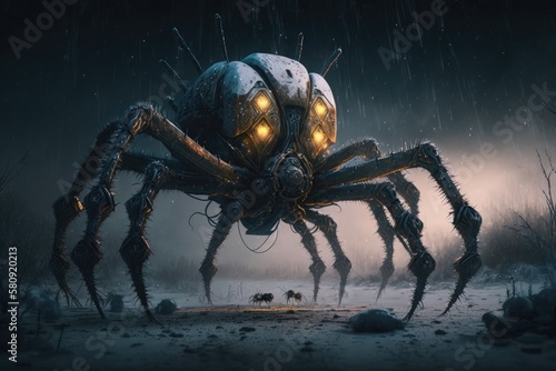 Cyberpunk terrifying monster spider illustration in a nighttime scenario standing on snowy ground. Metal armored futuristic post apocalyptic mutant. Conceptual illustration of an alien. Generative AI © AkuAku