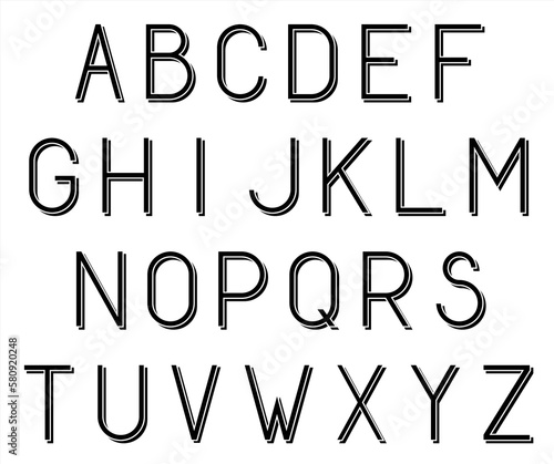 Three dimensional capital letters font. Black with white outline. Vector image. Put them as a message over your photos.