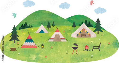 丸い草原とキャンプ水彩風景