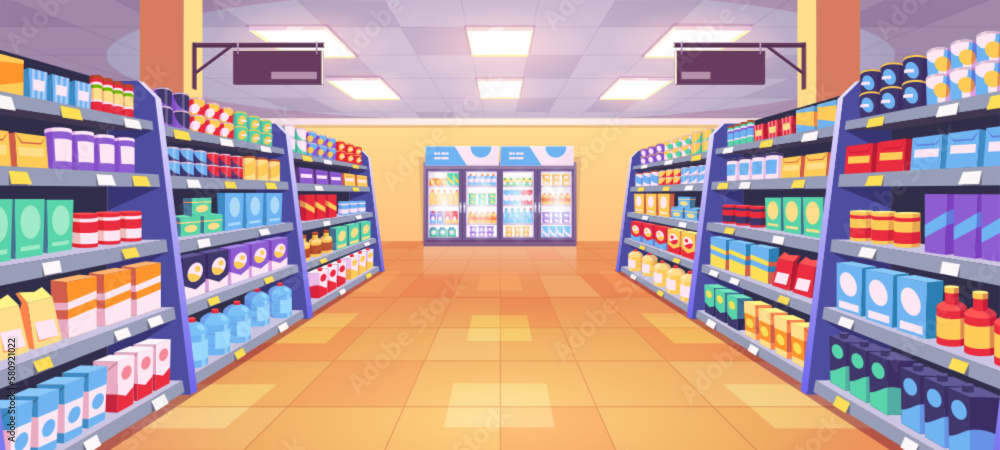 Supermarket aisle perspective view. Vector cartoon illustration of product shelves full of colorful cardboard boxes and food packages, bottles with beverages in refrigerator. Grocery store department - obrazy, fototapety, plakaty 
