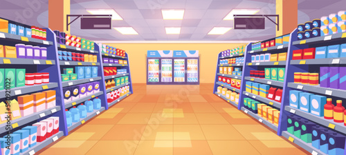 Supermarket aisle perspective view. Vector cartoon illustration of product shelves full of colorful cardboard boxes and food packages, bottles with beverages in refrigerator. Grocery store department