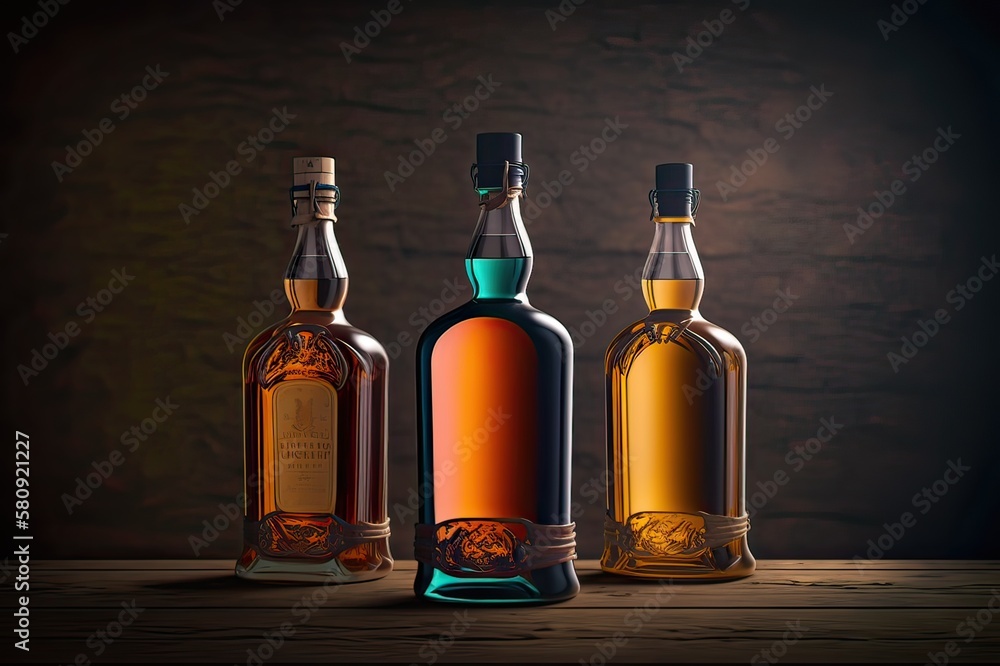 Three Whiskey Bottles on Plank. Photo generative AI Three Whiskey Bottles on Plank. Photo generative AI