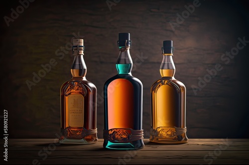 Three Whiskey Bottles on Plank. Photo generative AI