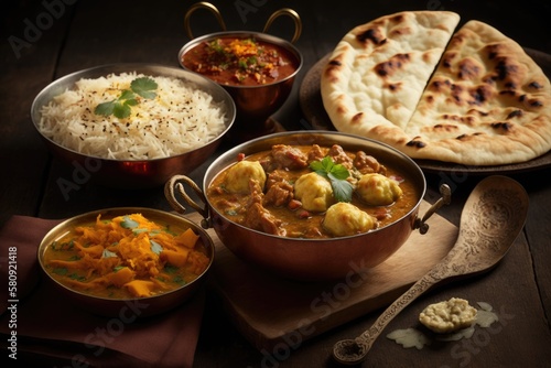Indian food including curries, rice, samosas and naan bread. Generative AI