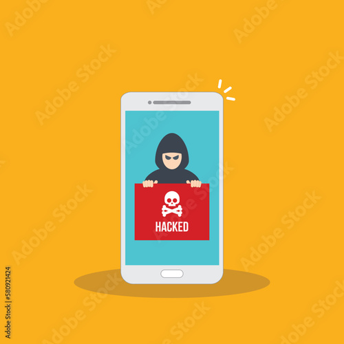 Hacker notification on mobile phone. Smartphone with hacker attack alert.	