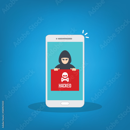 Hacker notification on mobile phone. Smartphone with hacker attack alert.	