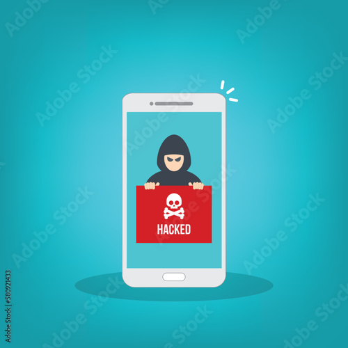 Hacker notification on mobile phone. Smartphone with hacker attack alert.	