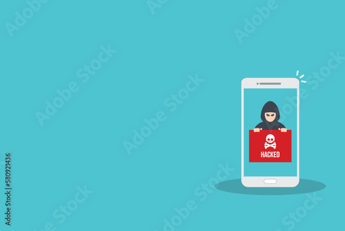 Hacker notification on mobile phone. Smartphone with hacker attack alert.	