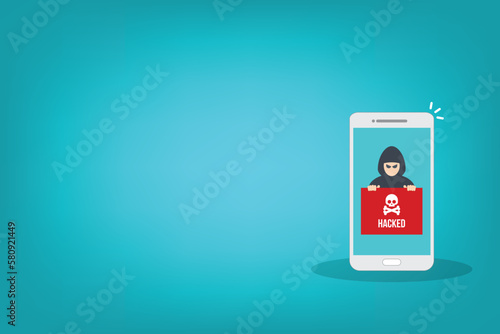 Hacker notification on mobile phone. Smartphone with hacker attack alert.	