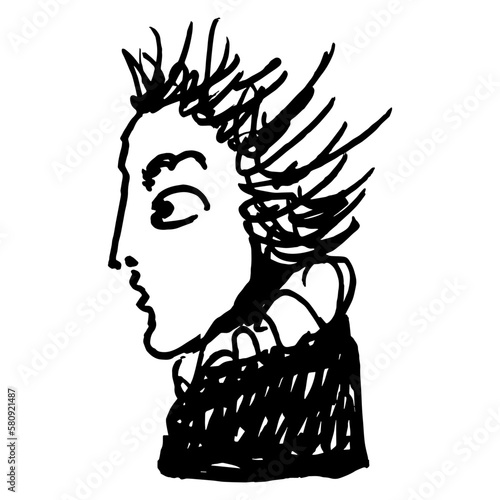 Funny human head in profile. Yound man with disheveled hair. Hand drawn linear doodle rough sketch. Black silhouette on white background.