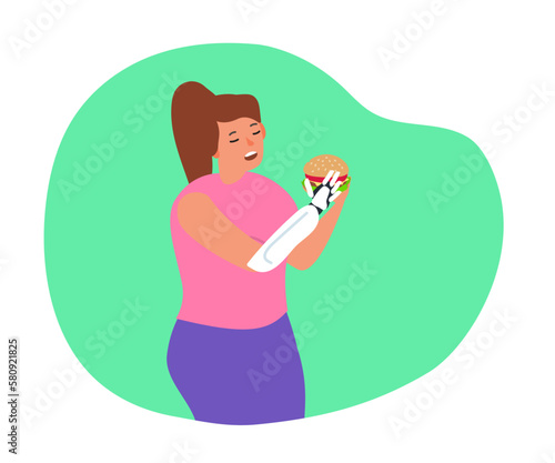 woman with artificial bionic arm prosthesis eats delicious burger vector illustration