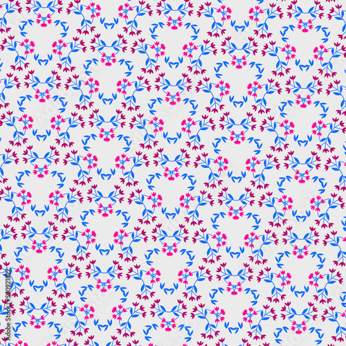 Simple floral pattern with pink magenta purple silhouette flowers and blue leaves flat lay on white background