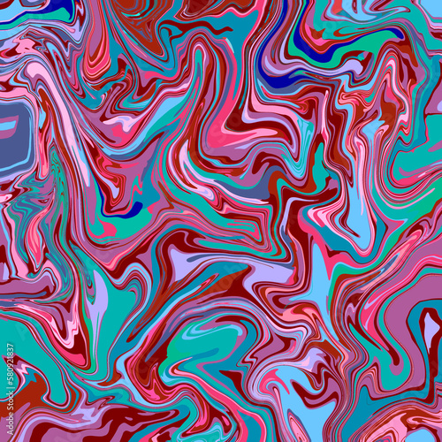 Abstract geometric swirl marbled pattern with wavy curved stripes in bright magenta, pink, purple, blue and green tones