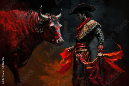 Matador, bullfighter fights bull in the arena, art illustration painted, generative ai