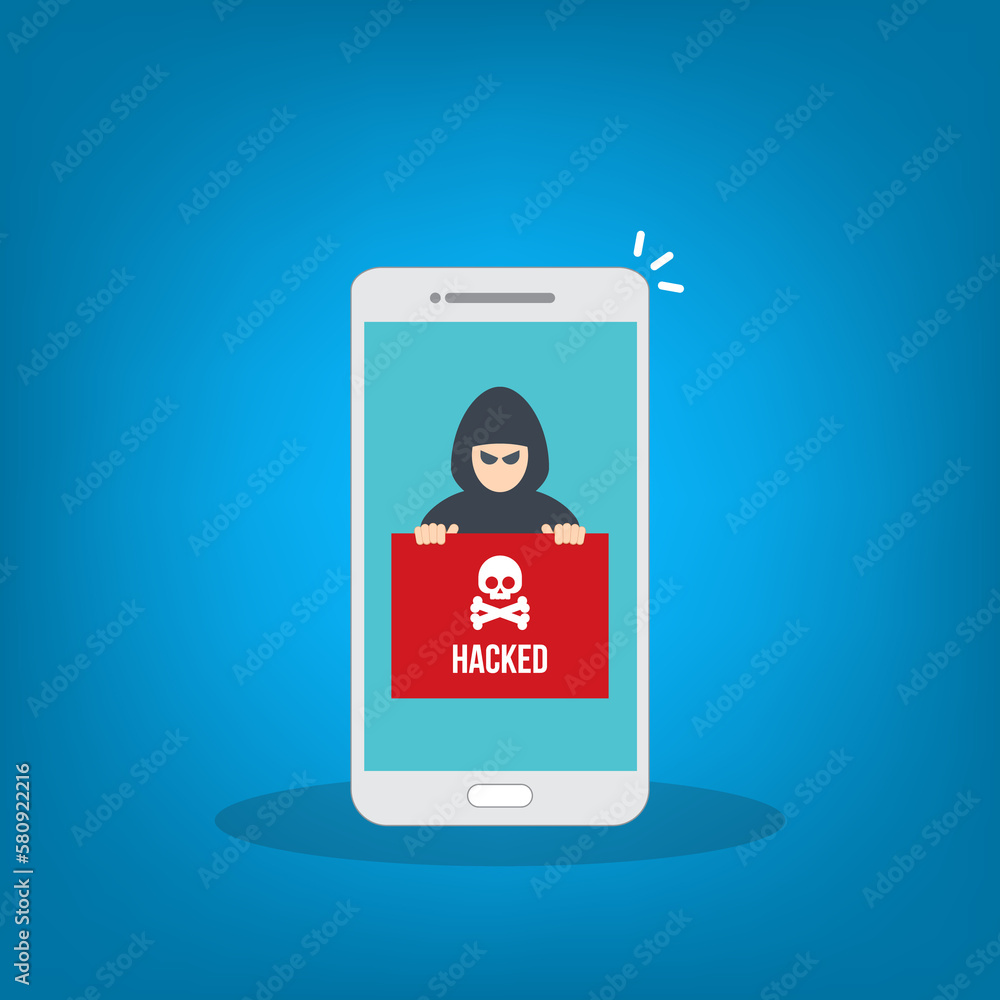 Hacker notification on mobile phone. Smartphone with hacker attack alert. Hacker notification on mobile phone. Smartphone with hacker attack alert.