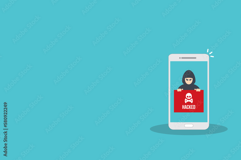Hacker notification on mobile phone. Smartphone with hacker attack alert. Hacker notification on mobile phone. Smartphone with hacker attack alert.