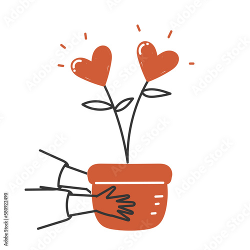 hand drawn doodle Hands holding houseplant with hearts as flowers
