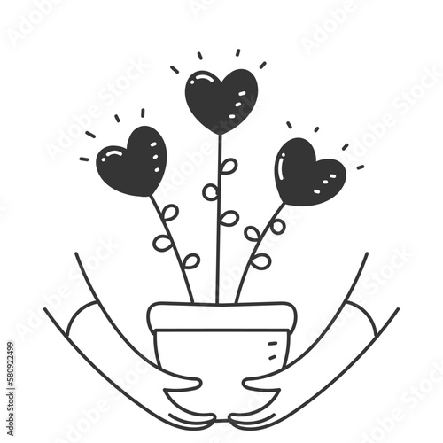 hand drawn doodle Hands holding houseplant with hearts as flowers