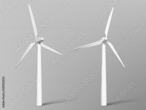 3d wind power generator turbine icon in vector on transparent background. Set of white windmill for renewable clean energy production. Aerogenerator islated illustration with realistic air propeller.