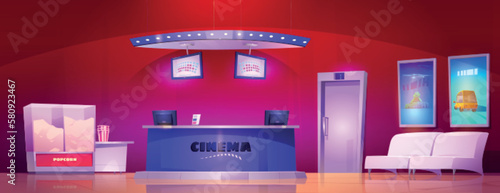 Cinema interior with popcorn machine and ticker counter cartoon background. Entrance door in red wall near armchair and posters. Pop corn maker to buy in theater hall. Lounge indoor furniture design.