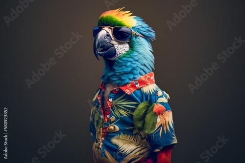 This anthropomorphic parrot tourist is soaking up the sun, sporting a colorful Hawaiian shirt. Generative AI.