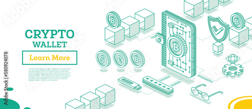 Isometric Crypto Wallet Connected to Blockchain. Cryptocurrency Industry. Outline Concept of Blockchain Technology with Cubes.