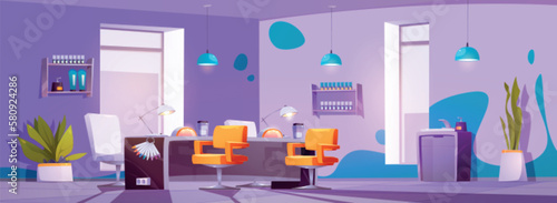 Cartoon manicure salon interior design with furniture. Vector illustration of beauty parlor room with tables, chairs, windows, nail polish and hand cream bottles on shelves. Fingernail care equipment