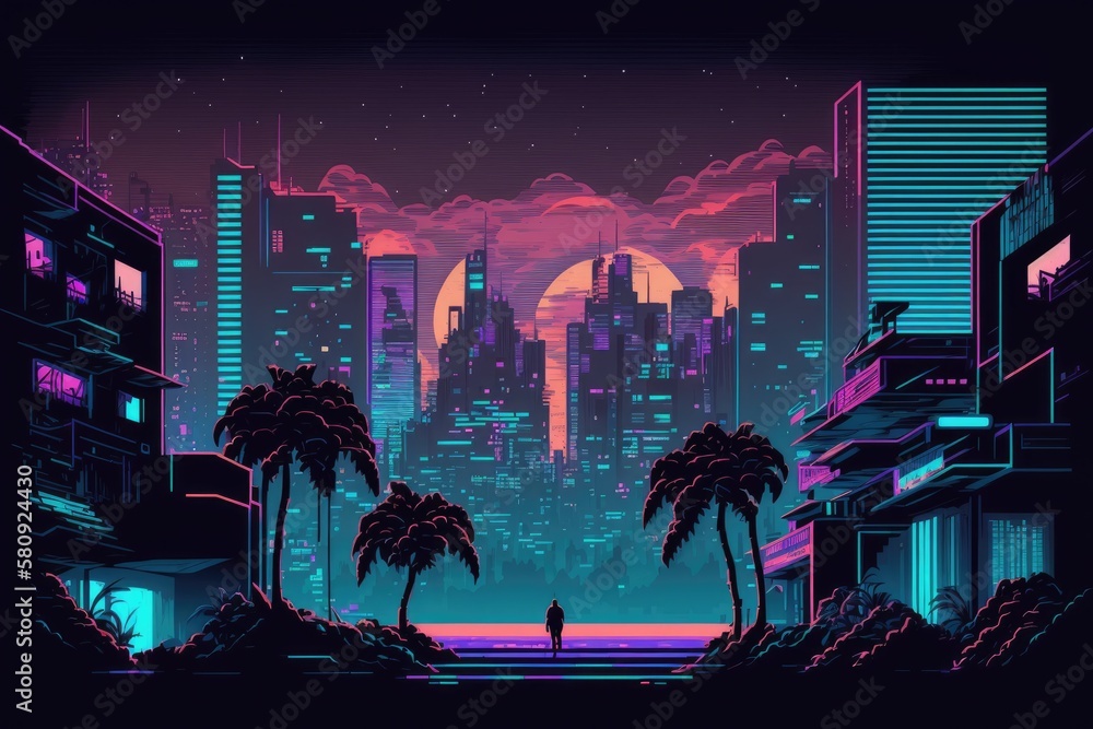 night in a cyberpunk city. composition of retro futuristic pixel art ...