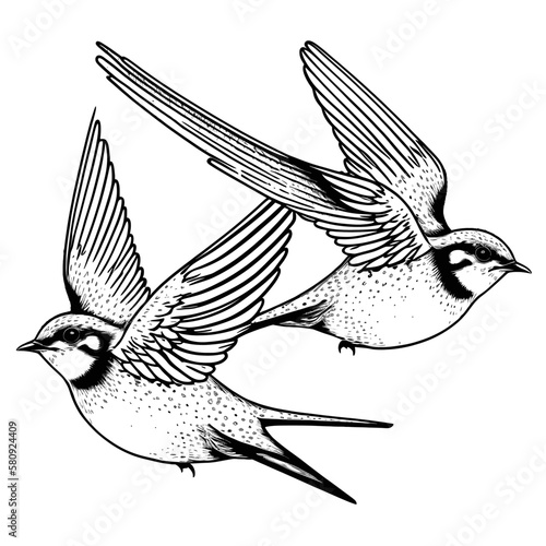 Two flying swallows isolated on white background, vector illustration.