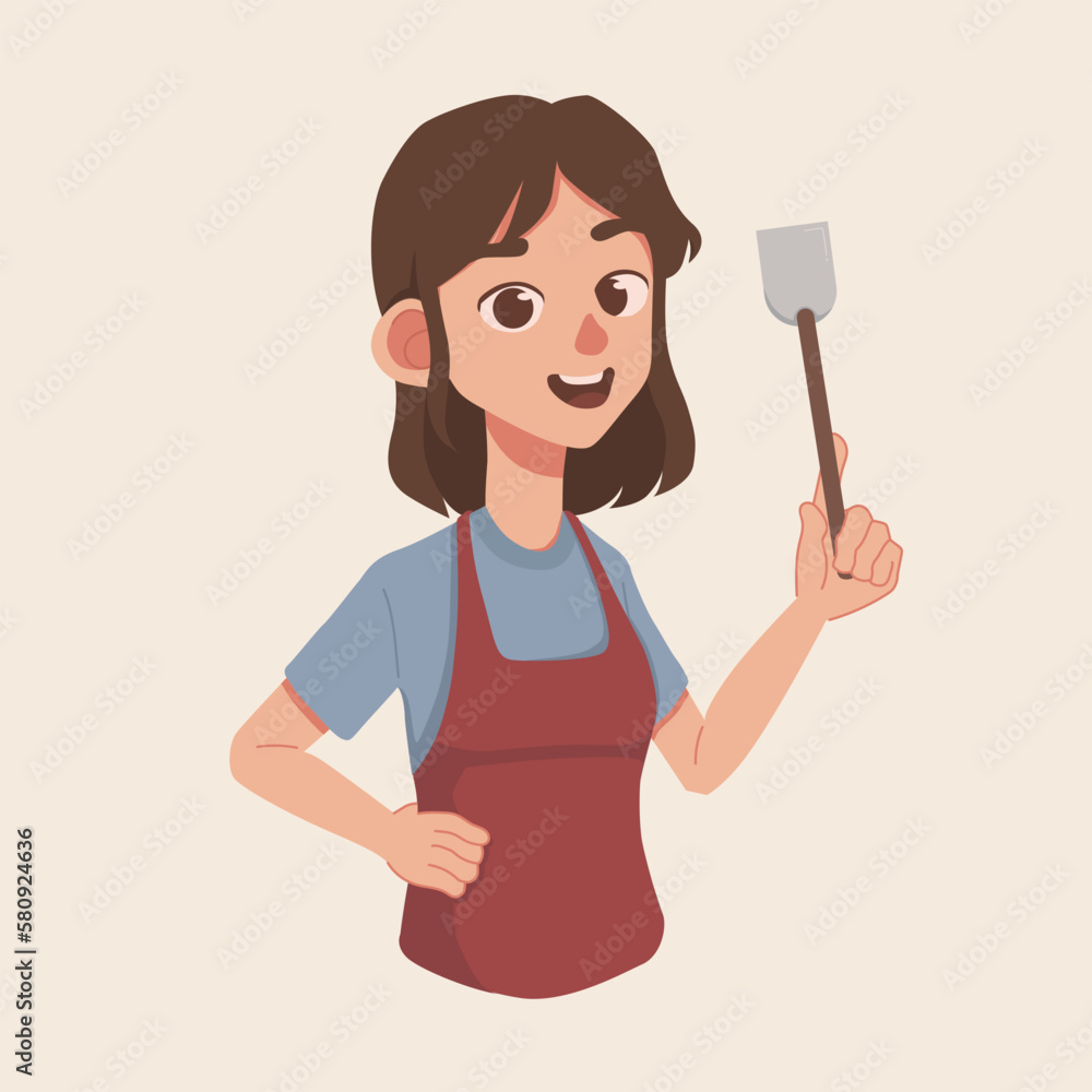 beautiful brunette woman with apron cooking holding a spatula. vector illustration beautiful brunette woman with apron cooking holding a spatula. vector illustration