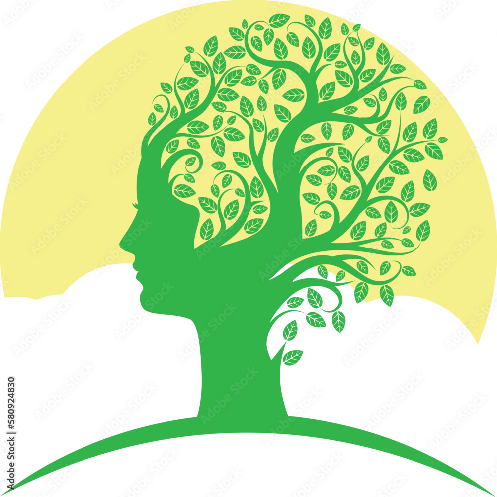 Green tree with female head silhouette Green tree with female head silhouette