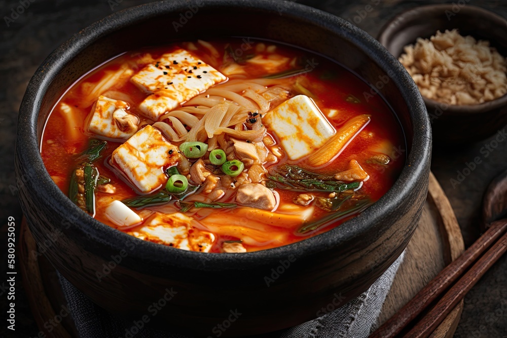 Kimchi Jjigae, Korean Kimchi Stew, or Kimchi Soup with Soft Tofu Traditional Style. Generative AI Kimchi Jjigae, Korean Kimchi Stew, or Kimchi Soup with Soft Tofu Traditional Style. Generative AI